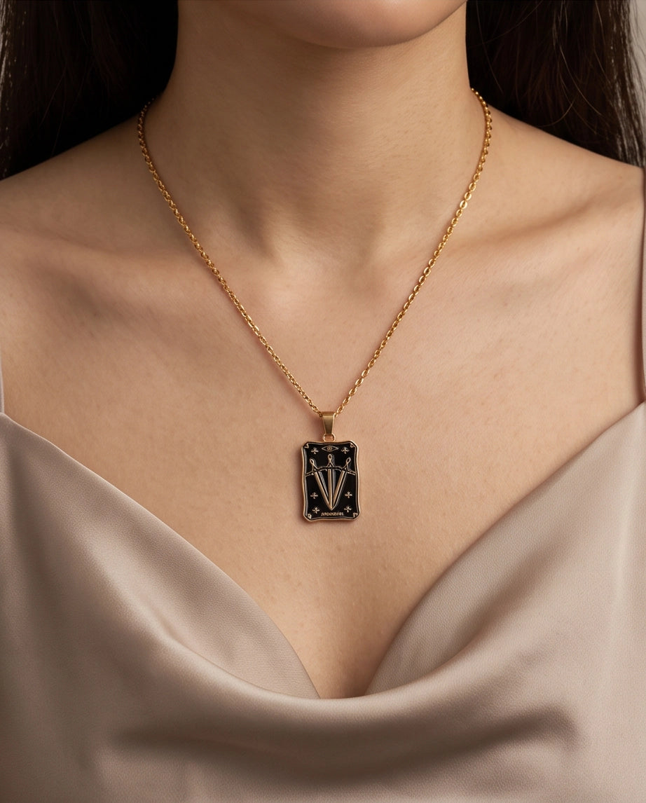 Gold "Judgement" Three Swords Tarot Card Pendant Necklace