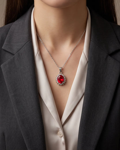 Silver Garnet Red Oval Halo Medallion Pendant Necklace