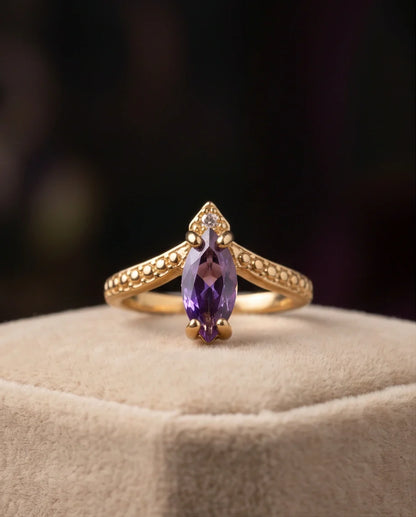 Vintage Gold Marquise Amethyst Filigree Ring