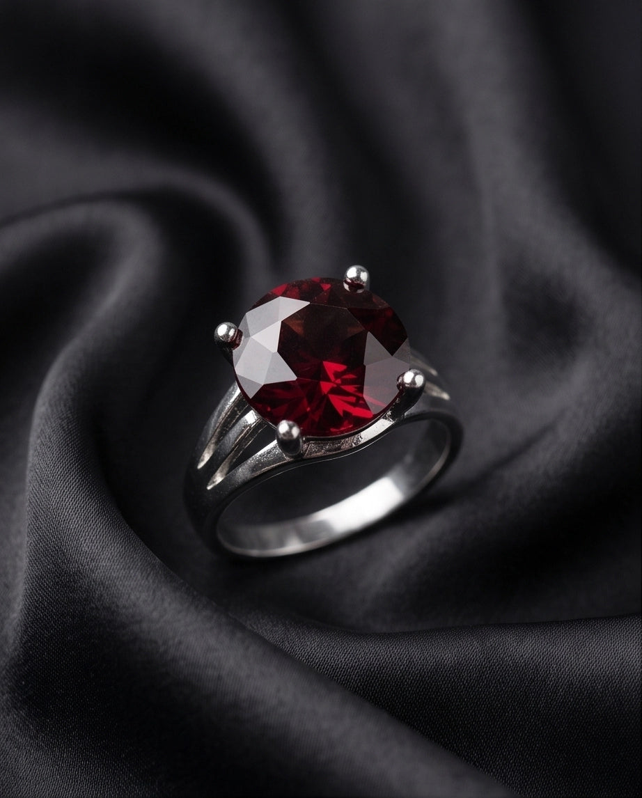 Silver Round Garnet Gemstone Solitaire Ring