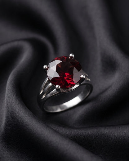 Silver Round Garnet Gemstone Solitaire Ring