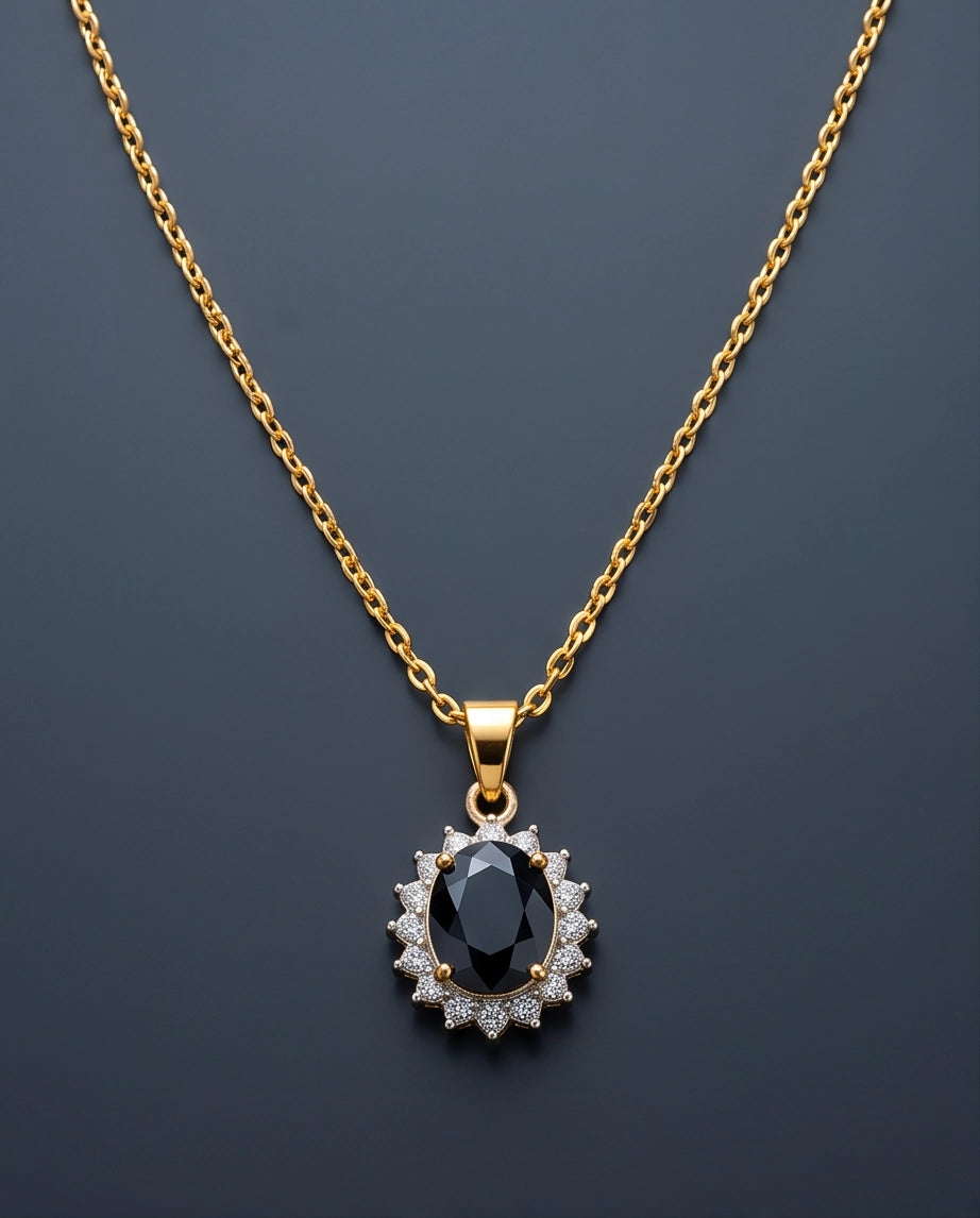 Silver Black Gem Oval Halo Medallion Pendant Necklace