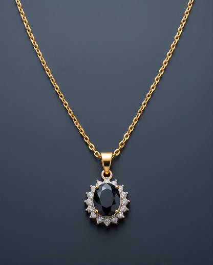 Silver Black Gem Oval Halo Medallion Pendant Necklace
