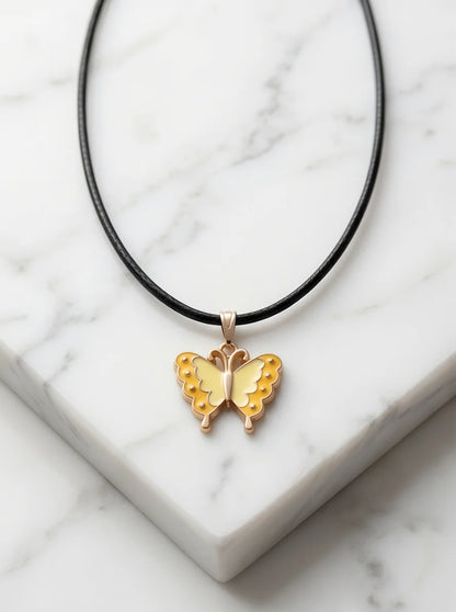 Yellow Enamel Butterfly Pendant Necklace