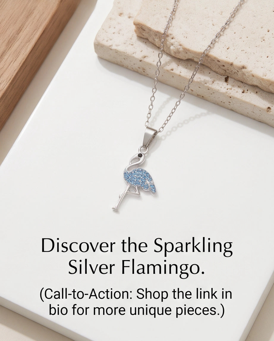 Silver Blue Crystal Paved Flamingo Pendant Necklace