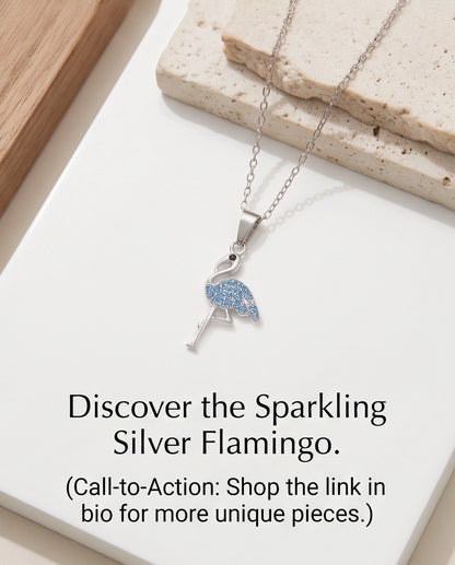 Silver Blue Crystal Paved Flamingo Pendant Necklace