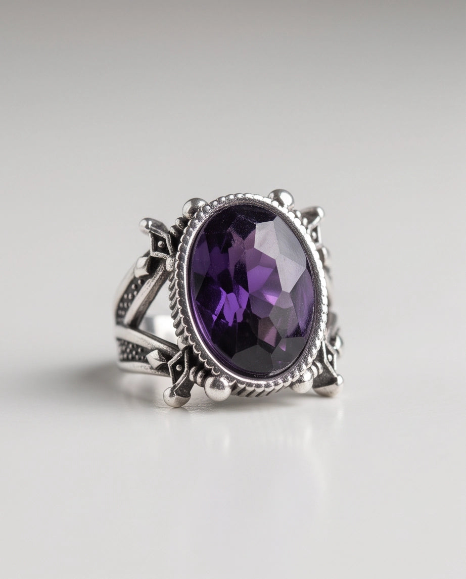 Amethyst Gemstone Fluted Bezel Sword-Cross Silver Ring