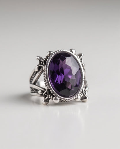 Amethyst Gemstone Fluted Bezel Sword-Cross Silver Ring