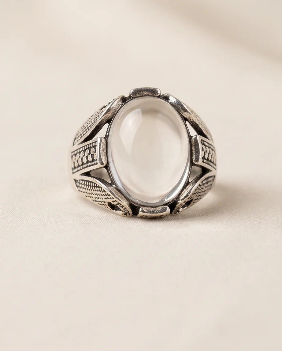 Lunar Cabochon Textured Signet Ring