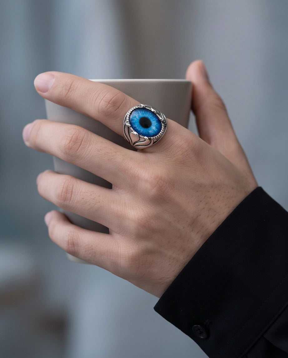 Sapphire Blue Evil Eye Cabochon Prong-Set Silver Ring