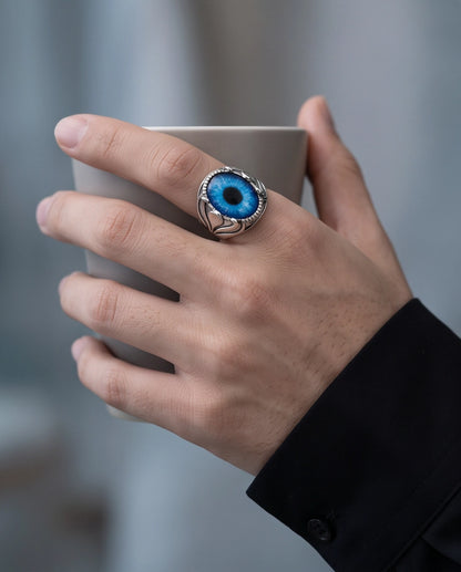 Sapphire Blue Evil Eye Cabochon Prong-Set Silver Ring
