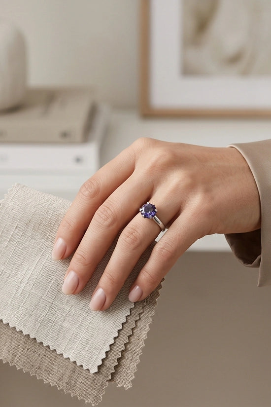 Sterling Silver Amethyst Purple Round Cut Solitaire Ring