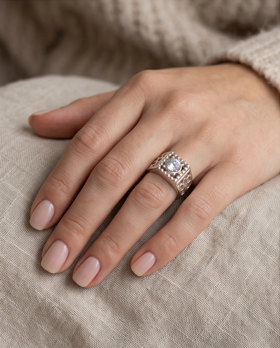 Clear Gemstone Square Sawtooth Bezel Filigree Cutout Silver Ring