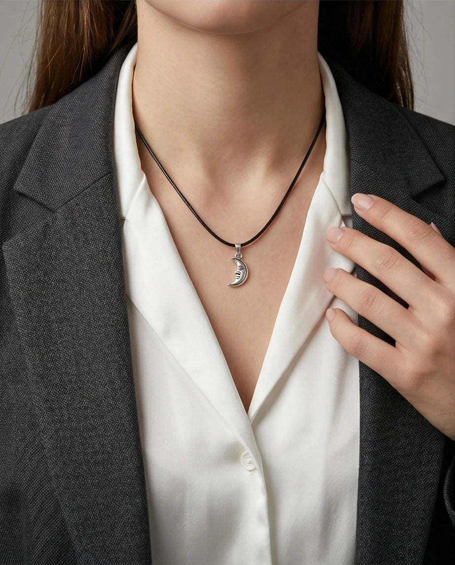 Silver Vintage Crescent Moon Face Necklace