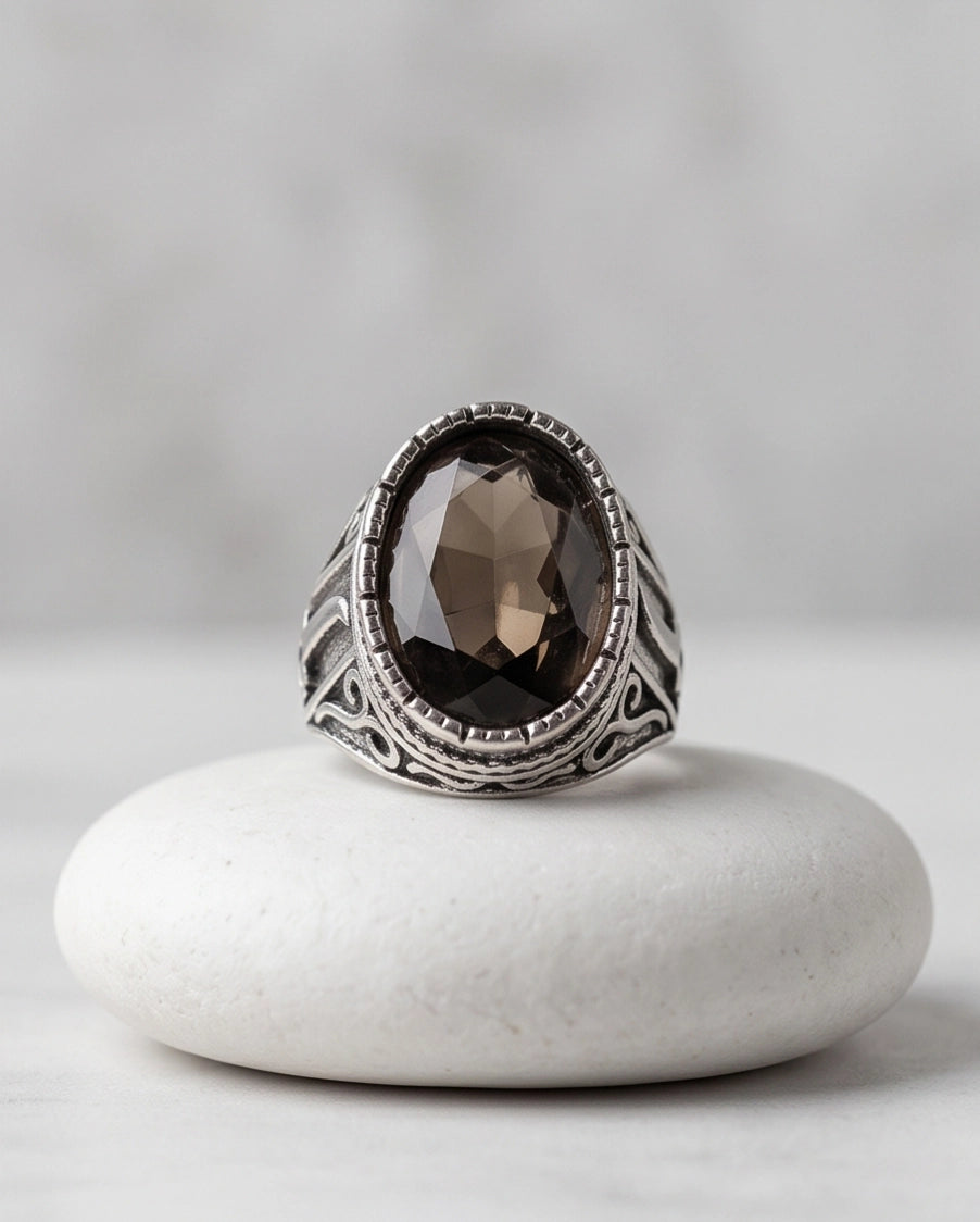 Smoky Quartz Oval-Cut Gemstone Beaded Bezel Silver Ring
