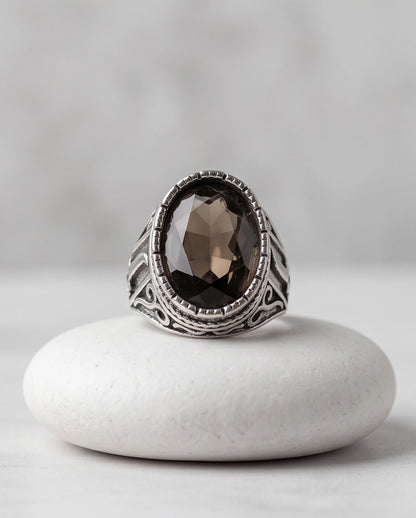 Smoky Quartz Oval-Cut Gemstone Beaded Bezel Silver Ring