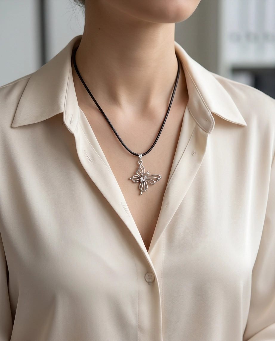 Openwork Butterfly Gemstone Cord Necklace
