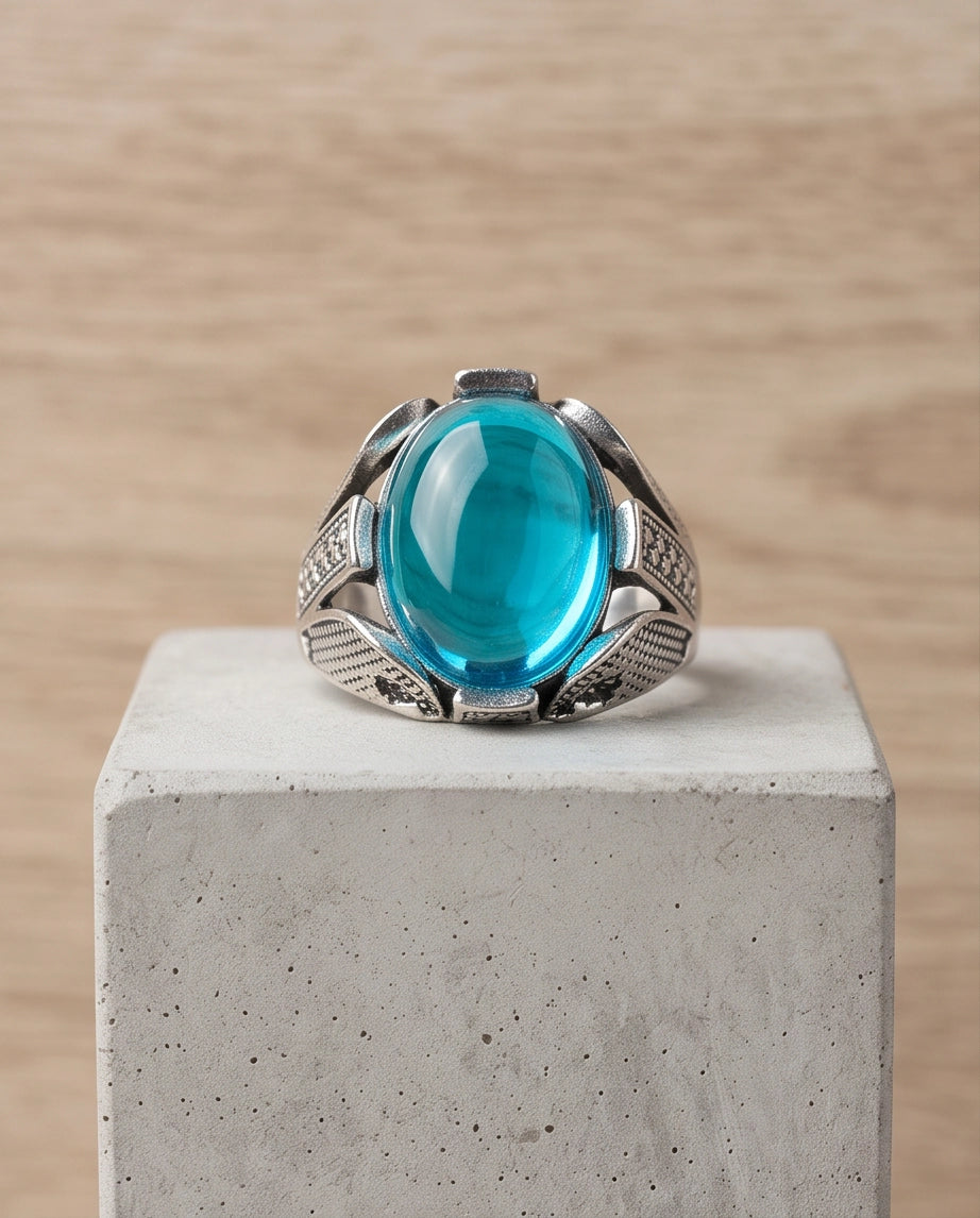 Cerulean Zenith Stippled Signet Ring