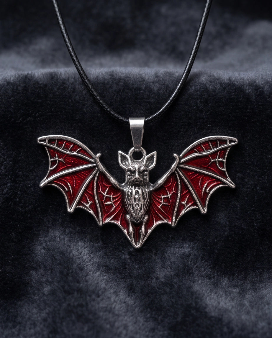 Silver Red Enamel Flying Bat Pendant Necklace