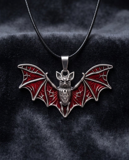 Silver Red Enamel Flying Bat Pendant Necklace