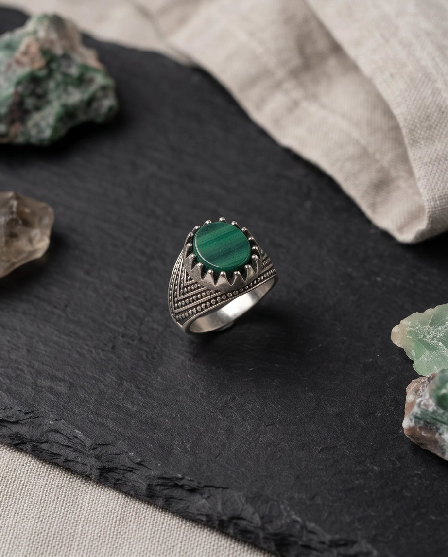 Malachite-Style Oval Cabochon Crown Bezel Chevron Stippled Silver Ring