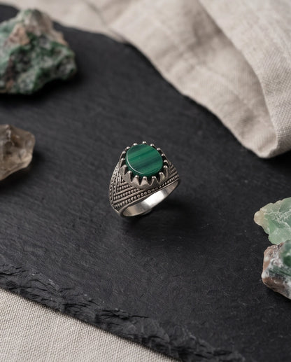 Malachite-Style Oval Cabochon Crown Bezel Chevron Stippled Silver Ring