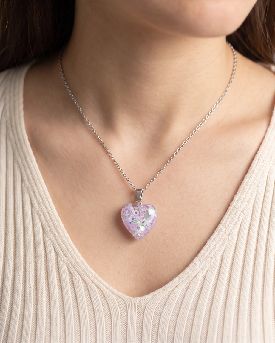 Silver Lavender Glitter Heart Resin Pendant Necklace