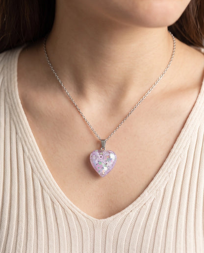 Silver Lavender Glitter Heart Resin Pendant Necklace