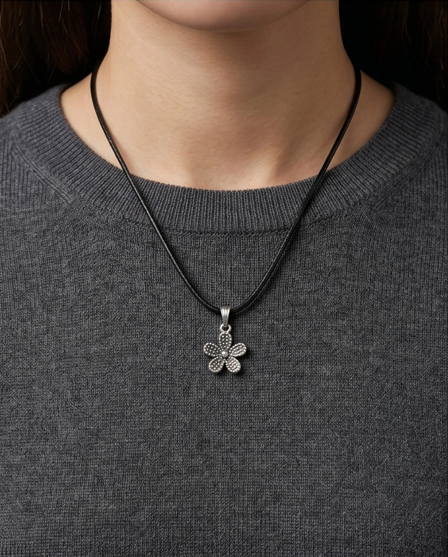 Silver Beaded Textured Flower Necklace