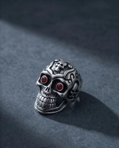 Ruby-Eyed Crested Filigree Skull Ring