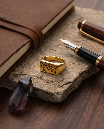Celestial Forest Crescent Gold Signet Ring