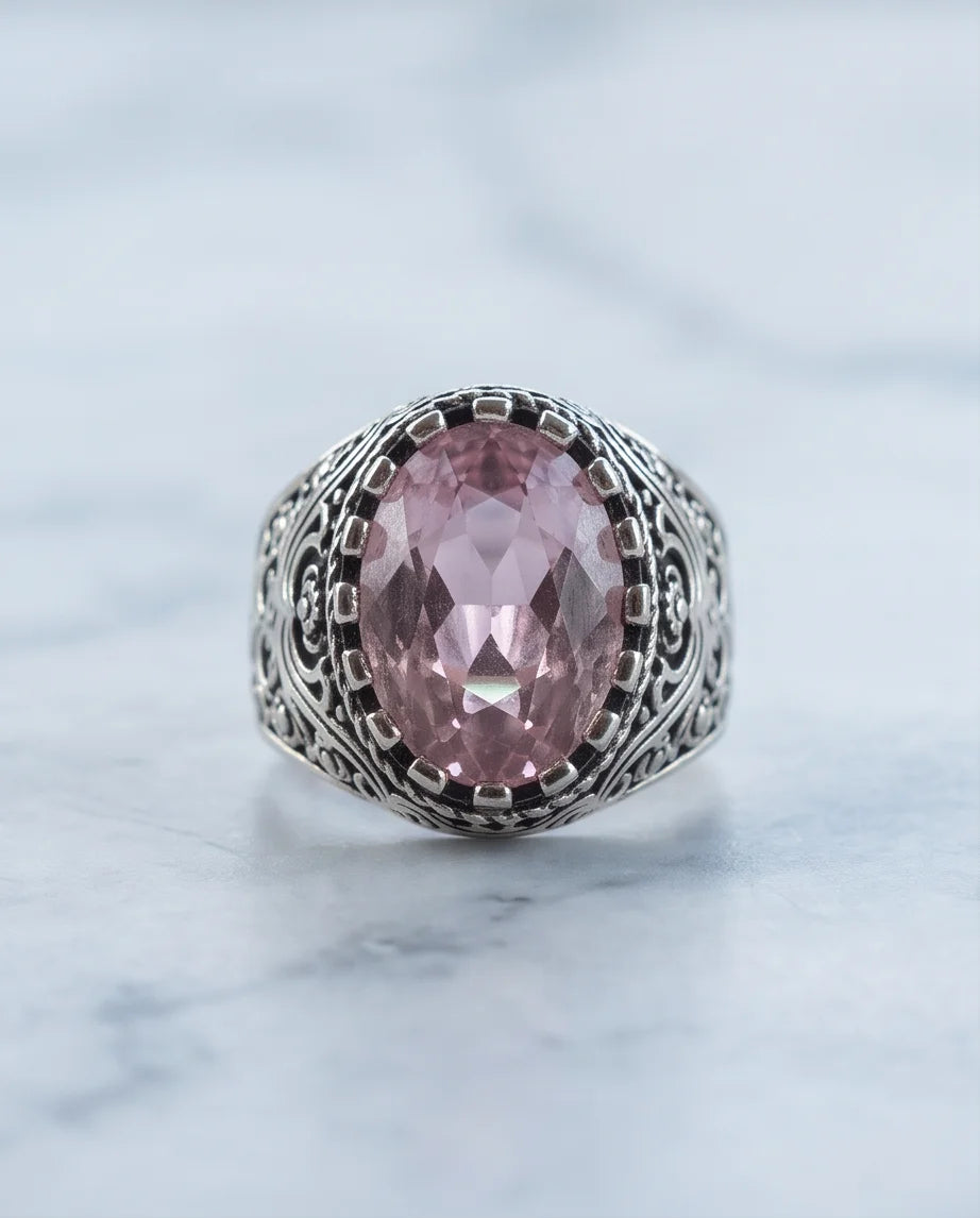 Morganite Gemstone Notched Bezel Scrollwork Silver Ring