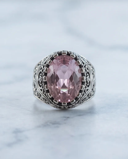 Morganite Gemstone Notched Bezel Scrollwork Silver Ring