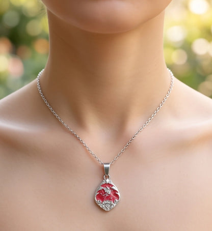 Silver Vintage Cherub Red Enamel Teardrop Pendant Necklace