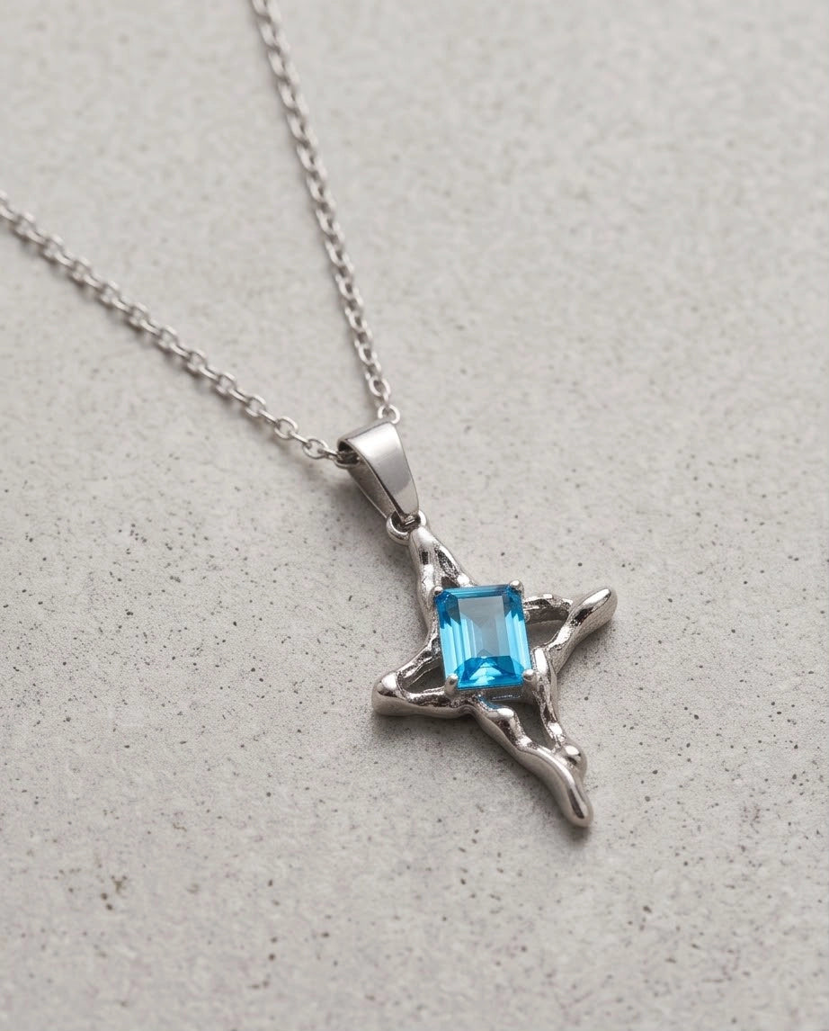 Silver Blue Gemstone Gothic Cross Pendant Necklace