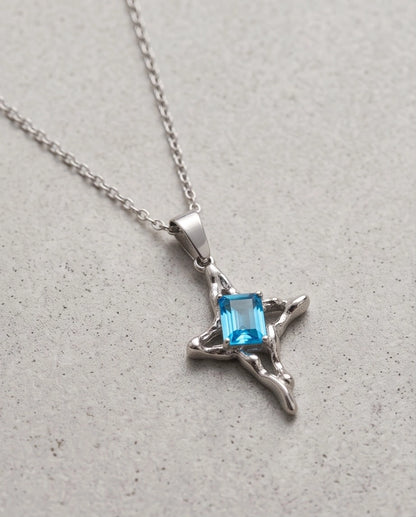 Silver Blue Gemstone Gothic Cross Pendant Necklace