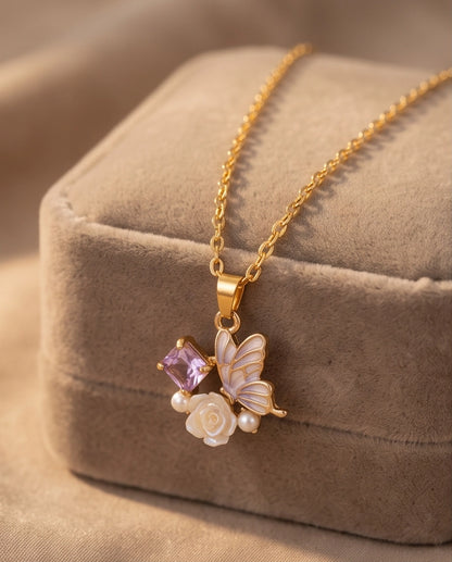Gold Purple Enamel Butterfly & Pearl Rose Cluster Pendant Necklace
