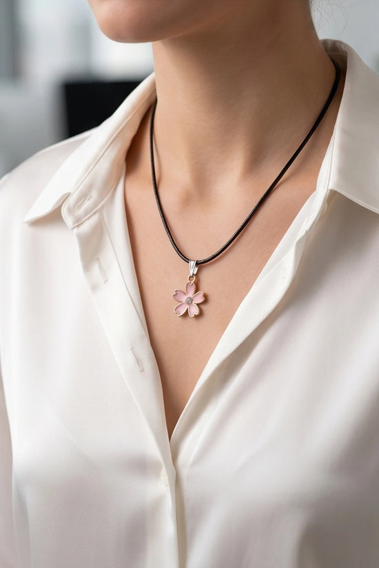Pink Cherry Blossom Enamel Pendant Necklace with Crystal Accent