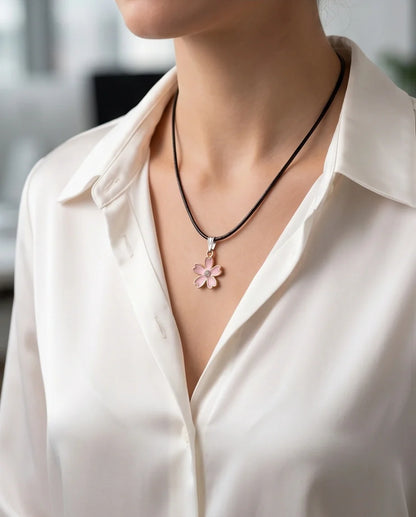 Pink Cherry Blossom Enamel Pendant Necklace with Crystal Accent