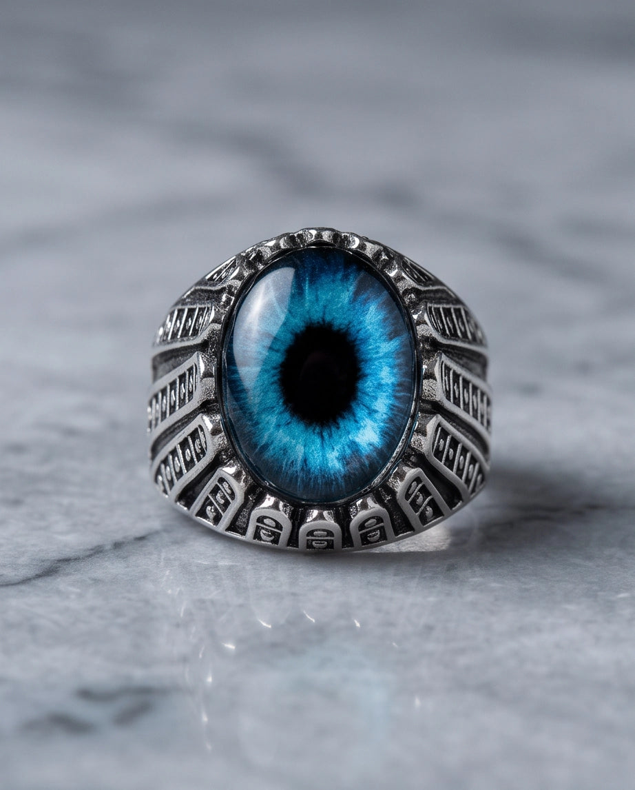 Cerulean Evil Eye Cabochon Architectural Bezel Silver Ring