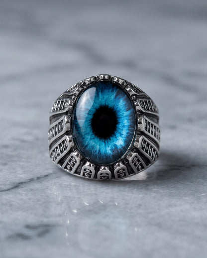 Cerulean Evil Eye Cabochon Architectural Bezel Silver Ring
