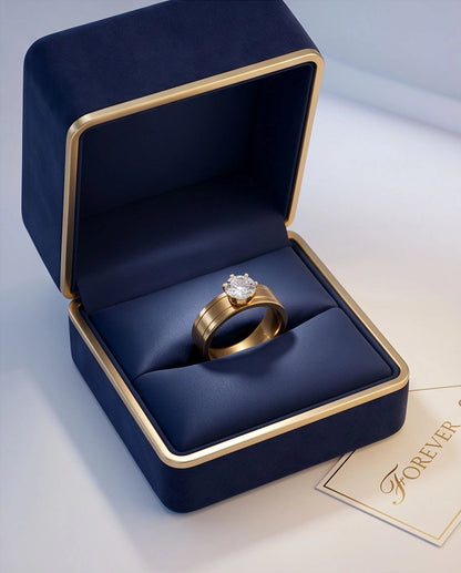 Gold Round Gemstone Wide-Band Solitaire Ring