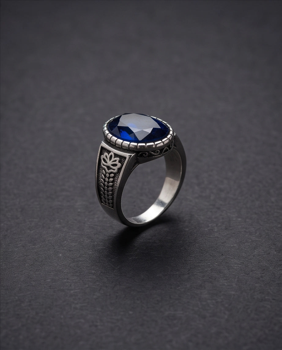Sapphire Gemstone Notched Bezel Floral Scale Silver Ring