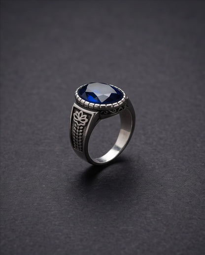 Sapphire Gemstone Notched Bezel Floral Scale Silver Ring