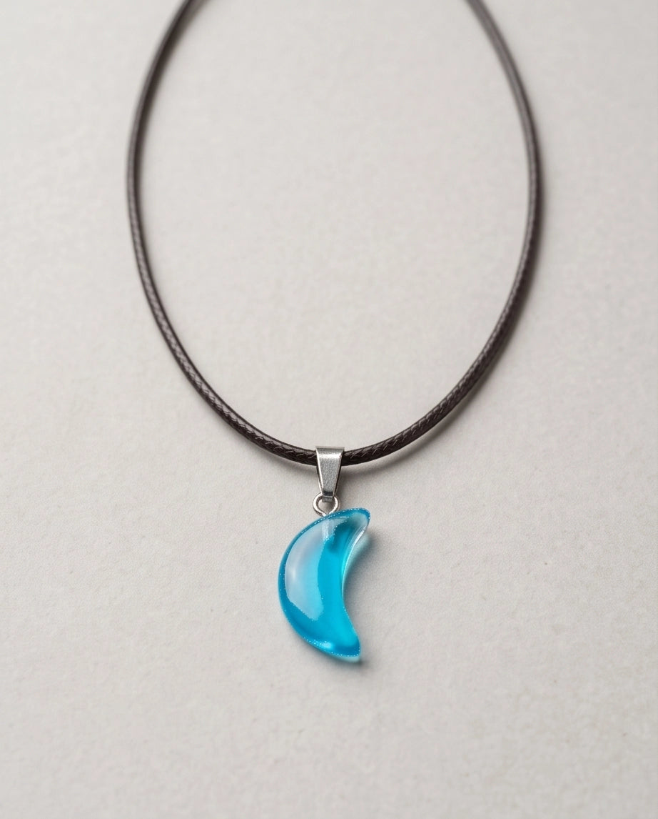 Silver Cyan Crescent Moon Resin Pendant Necklace