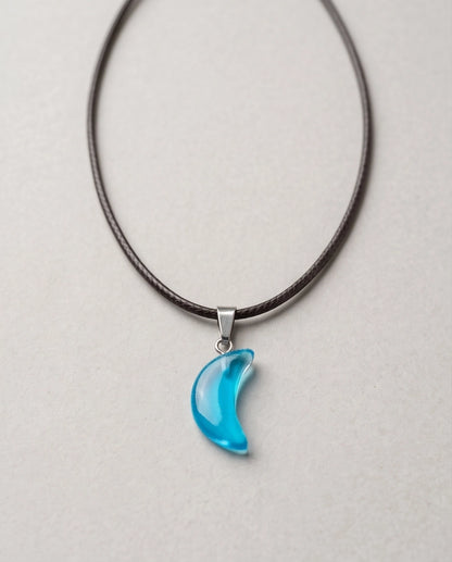 Silver Cyan Crescent Moon Resin Pendant Necklace