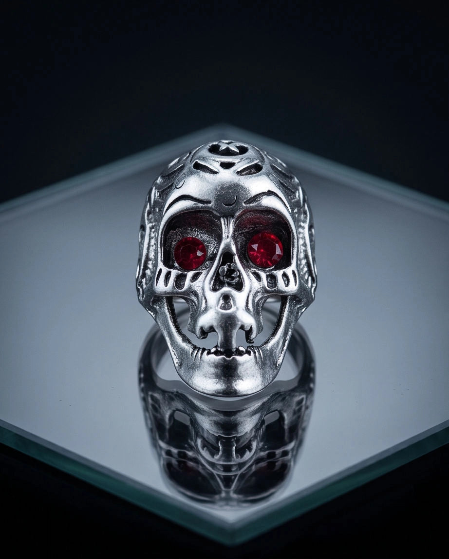 Ruby-Eyed Sculpted Sugar Skull Ring