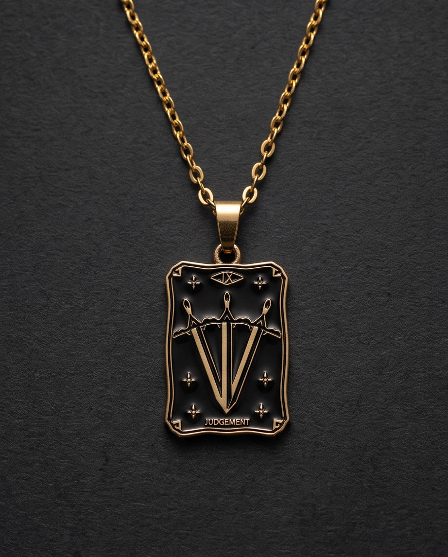 Gold "Judgement" Three Swords Tarot Card Pendant Necklace