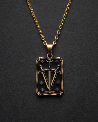 Gold "Judgement" Three Swords Tarot Card Pendant Necklace