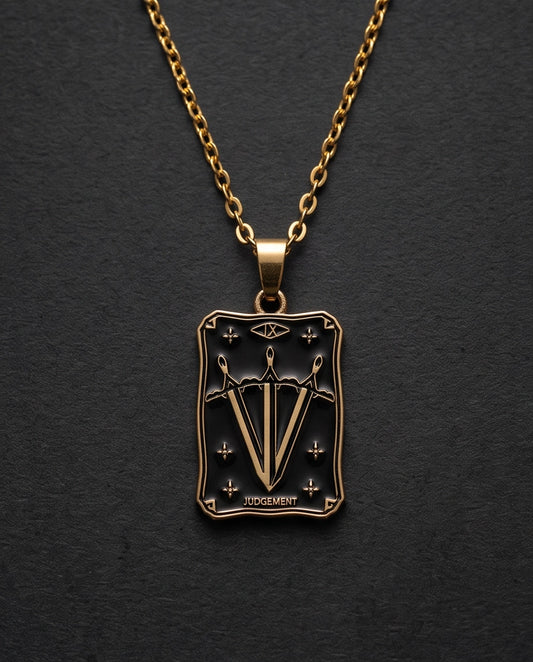 Gold "Judgement" Three Swords Tarot Card Pendant Necklace